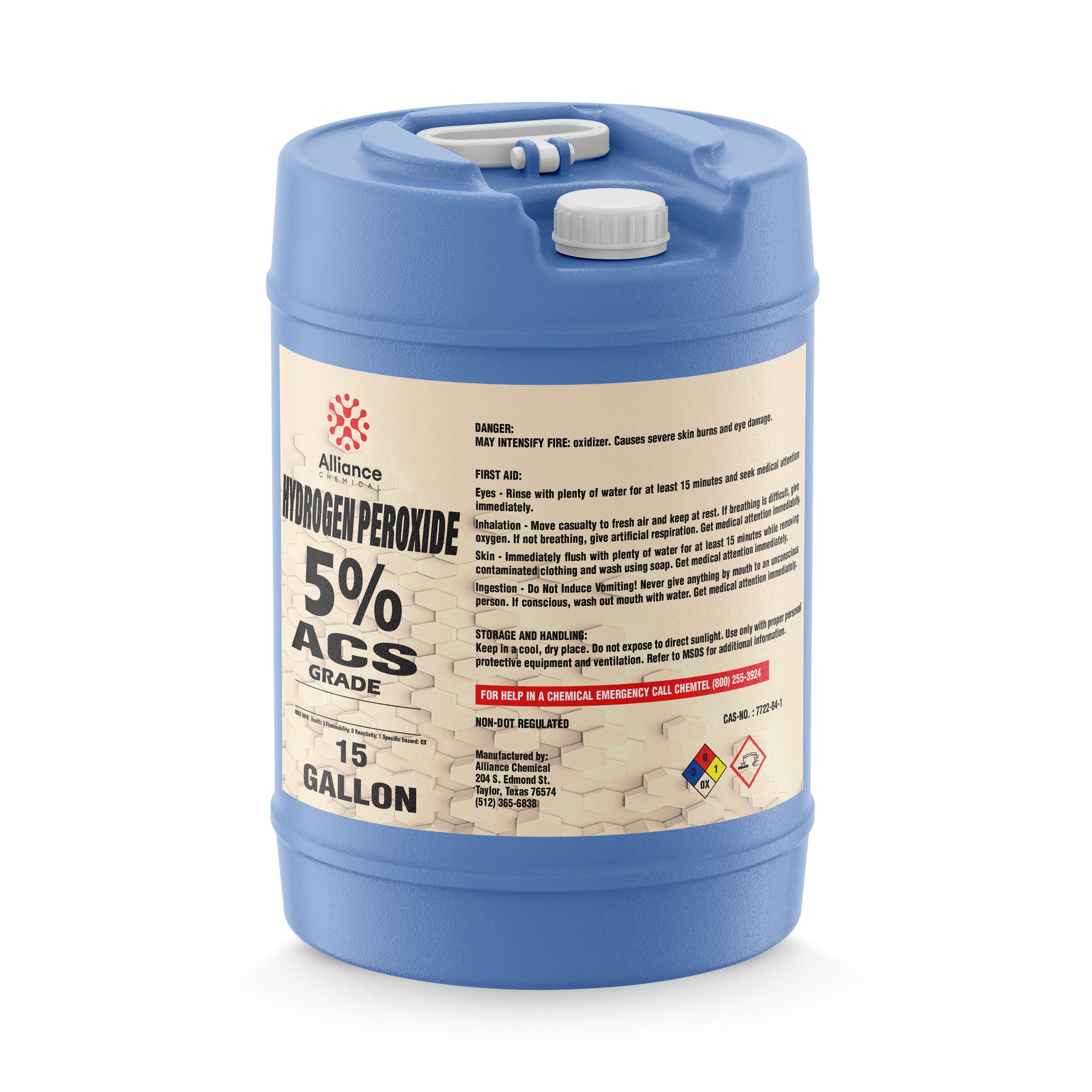 15-gallon blue carboy of 5% ACS-grade hydrogen peroxide, featuring hazard warnings, first aid instructions, and chemical storage guidelines, from Alliance Chemical.